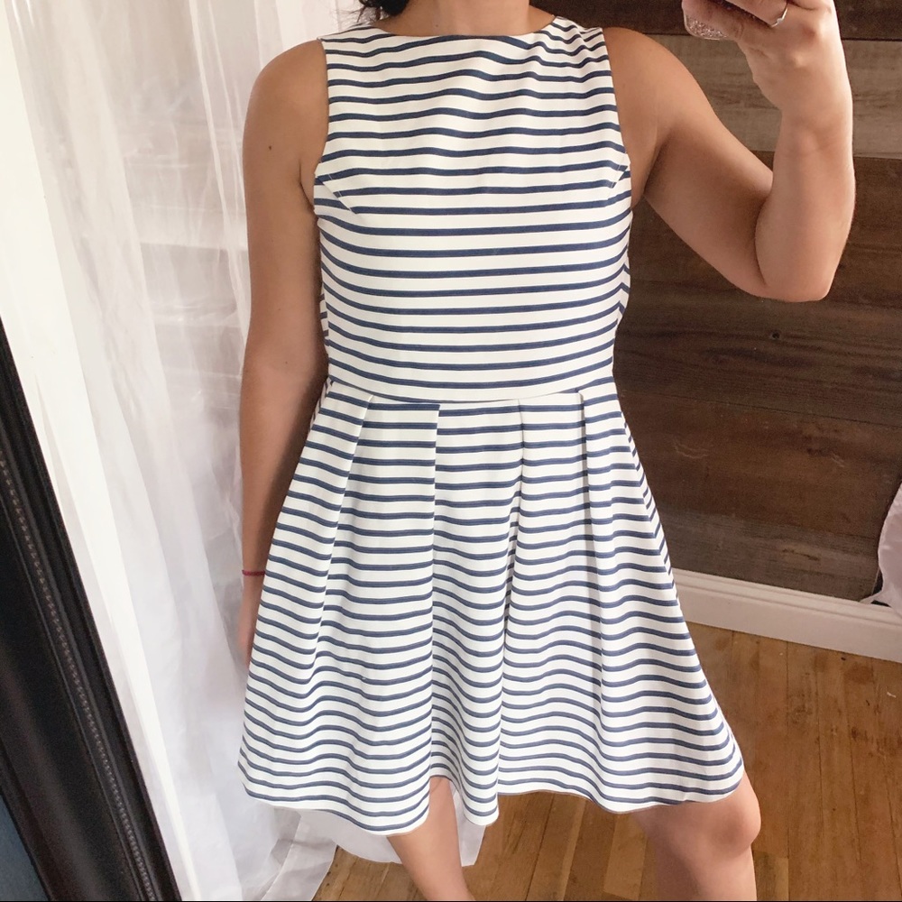ZARA White Blue Striped Pleated Cutout Mini Dress - Picture 2 of 7